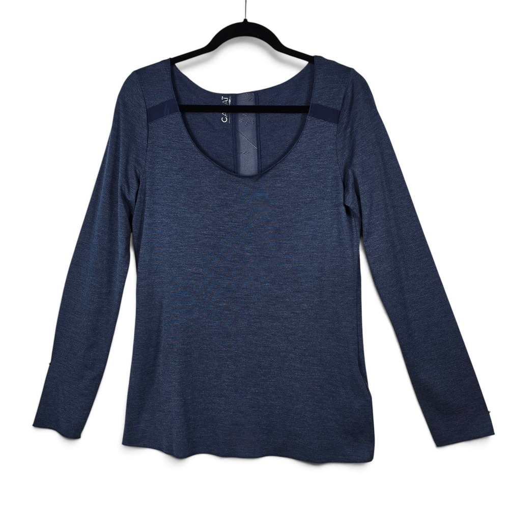 Camaieu Top Womens Large Scoop Neck Navy Blue Sheer Mesh Back Long Sleeve EUC